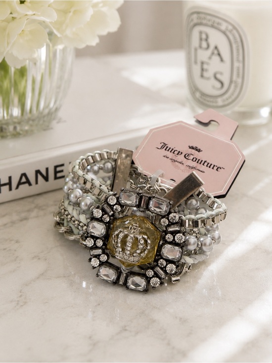 Juicy Couture Jewelry - Juicy Couture Crystal Crown Charm Bracelet Silver Pearl Multi Strand Glam
